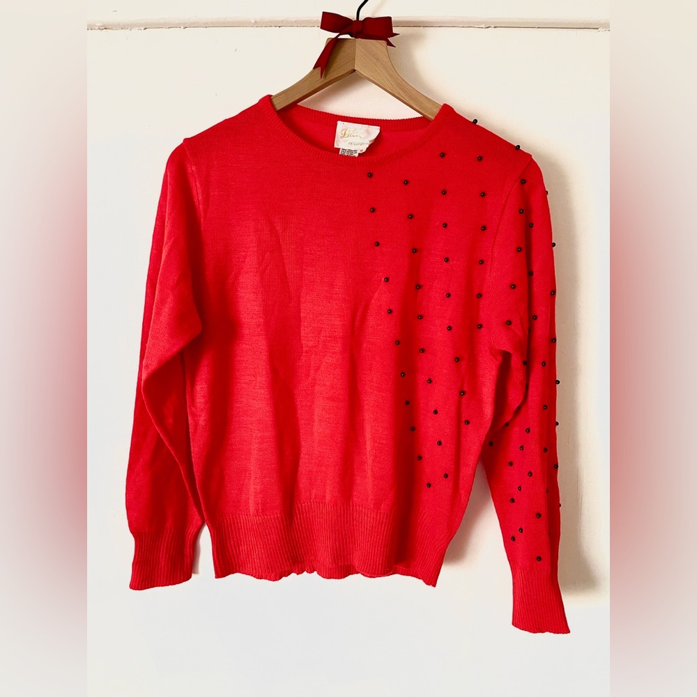 Vintage Lilly of California Women’s Red Beaded Sweater Preppy Coquette Ladybug